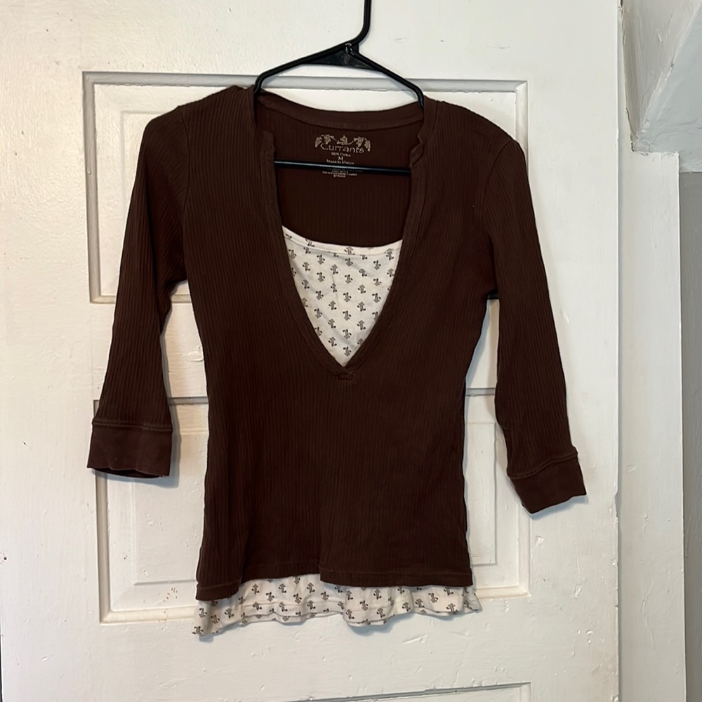 Brown / white blouse half long sleeve